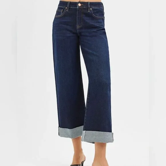 RISEN USA Mid Rise Fit Ankle Wide Leg Roll Up Women'sDark Blue Jeans sz 11 [30